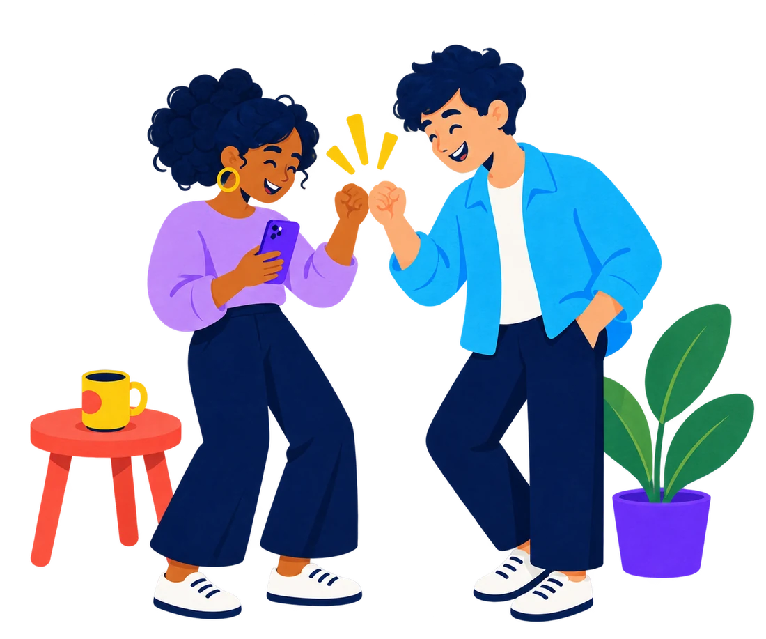 Two friends celebrate their photo hunt with a fist bump.